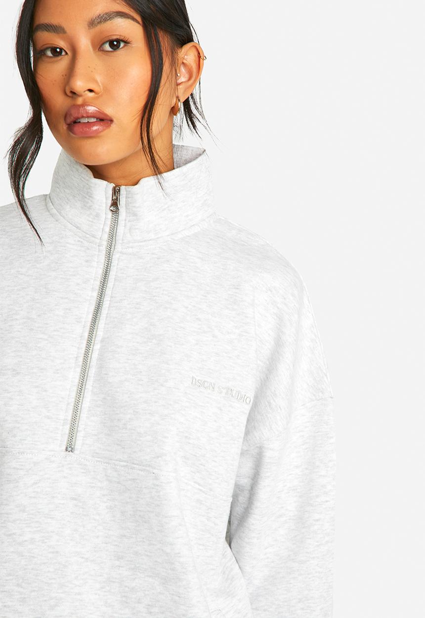 boohoo - Dsgn Studio Embroidered Half Zip Oversized Sweatshirt - Ash Grey