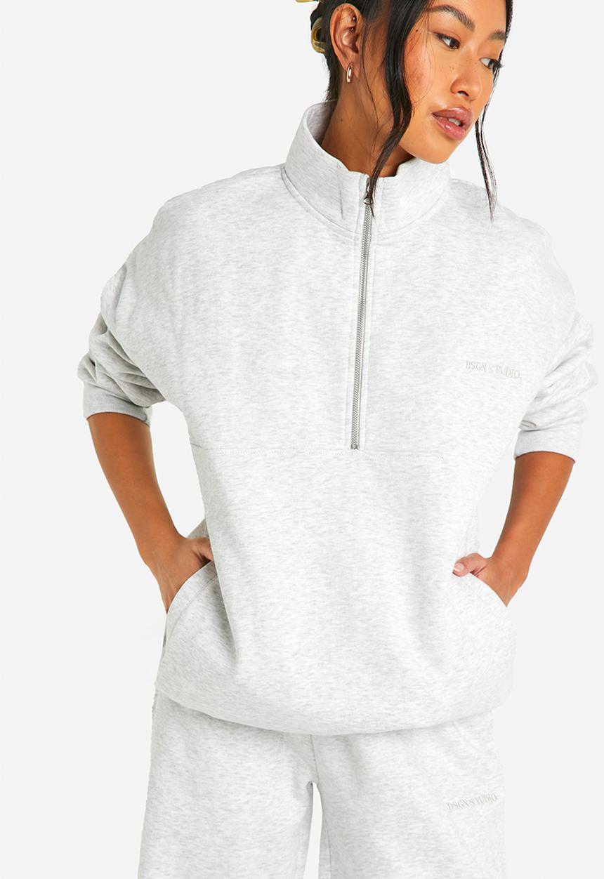 boohoo - Dsgn Studio Embroidered Half Zip Oversized Sweatshirt - Ash Grey