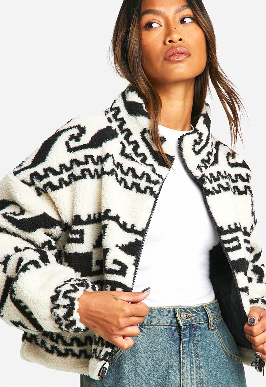 boohoo - Aztec Print Teddy Jacket - Cream