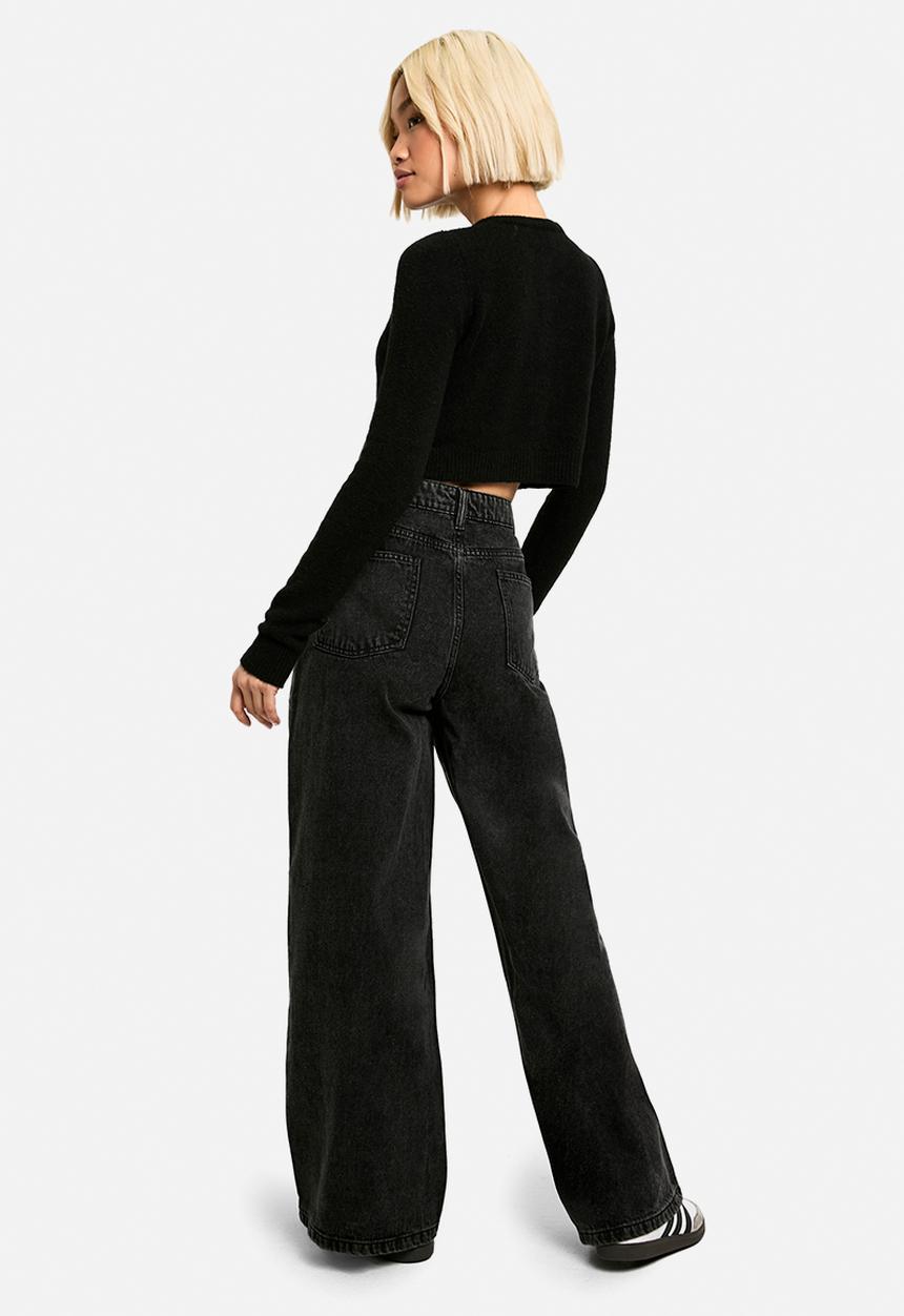 boohoo - Basics High Waisted Wide Leg Jeans in Washed Black - washed black