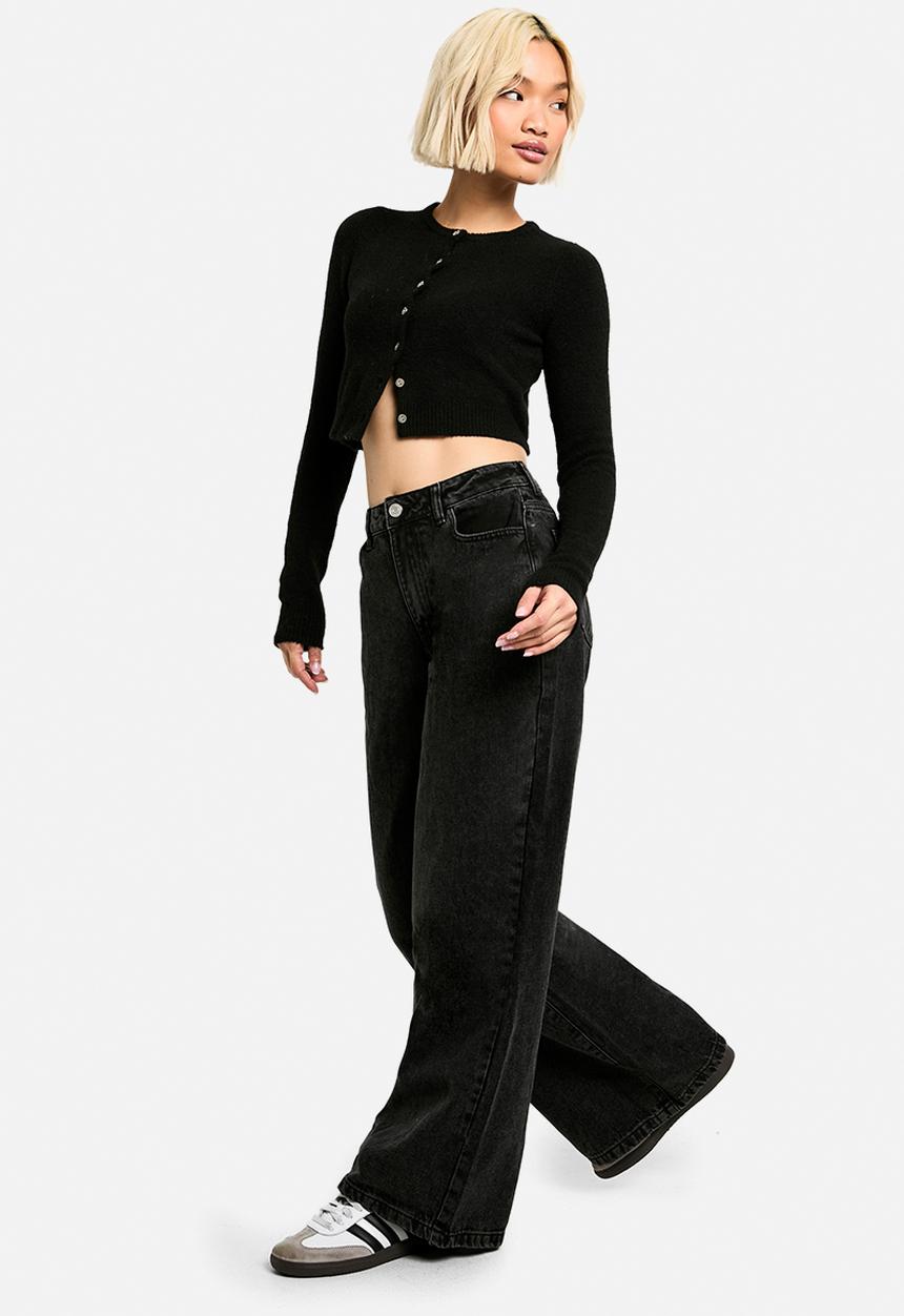 boohoo - Basics High Waisted Wide Leg Jeans in Washed Black - washed black