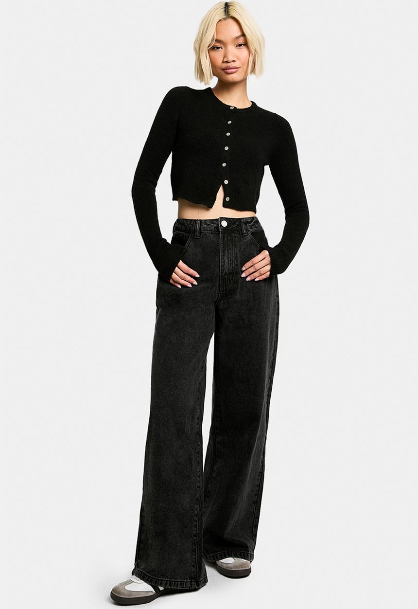 boohoo - Basics High Waisted Wide Leg Jeans in Washed Black - washed black