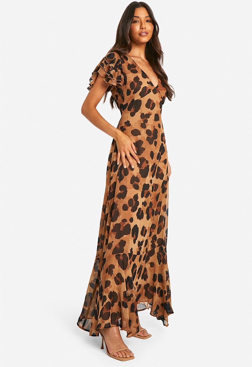 boohoo - Leopard Crinkle Chiffon Angel Sleeve Maxi Dress - Brown