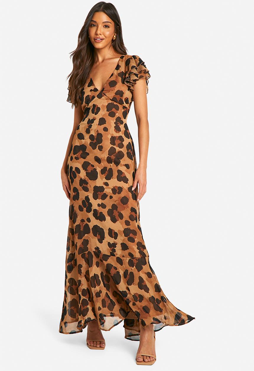 boohoo - Leopard Crinkle Chiffon Angel Sleeve Maxi Dress - Brown