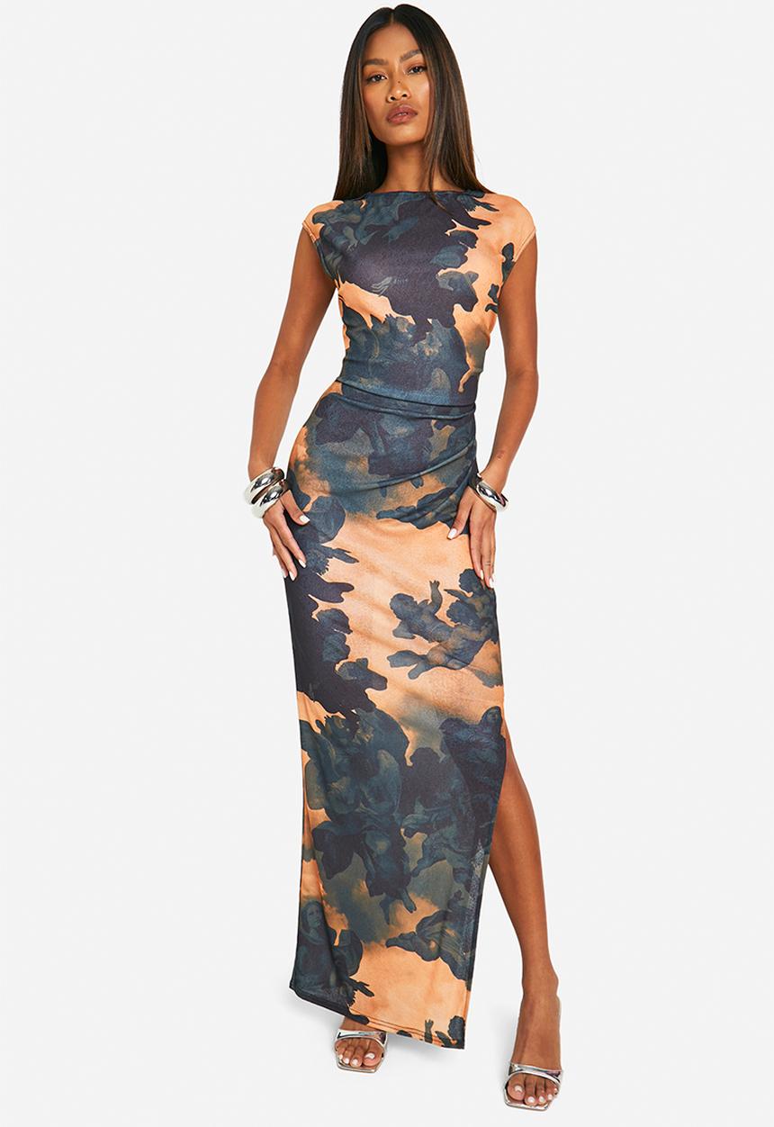 boohoo - Printed Sheer Slash Neck Cap Sleeve Maxi Dress - Multi