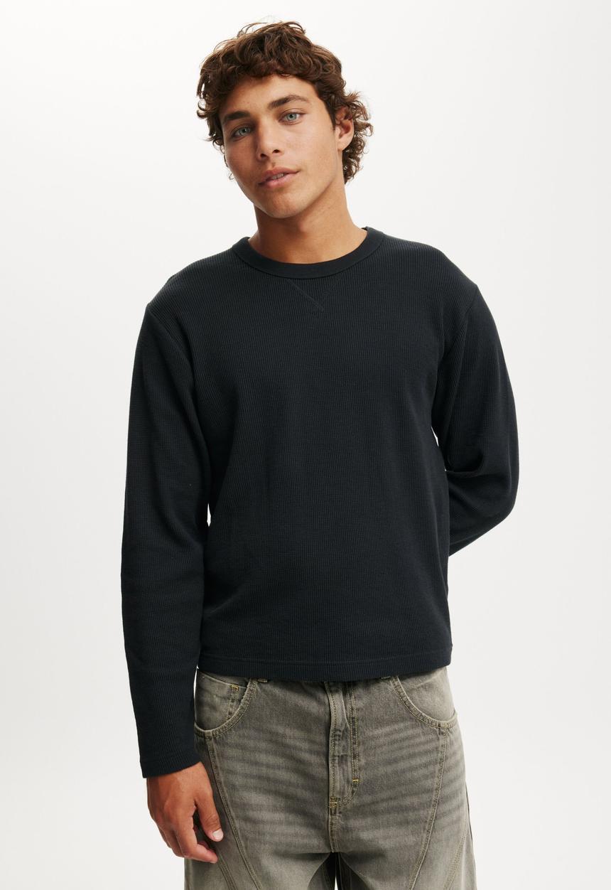 Cotton On - Cropped Fit Textured Long Sleeve - Washed Black Waffle