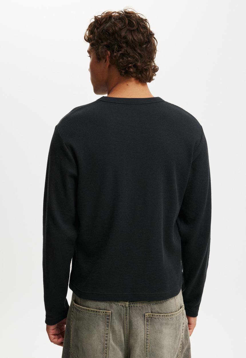 Cotton On - Cropped Fit Textured Long Sleeve - Washed Black Waffle