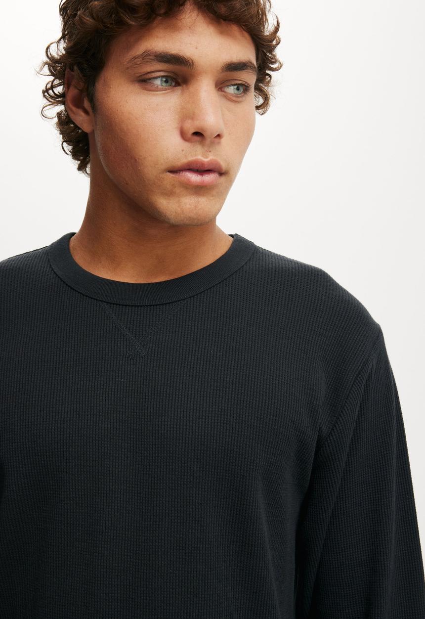 Cotton On - Cropped Fit Textured Long Sleeve - Washed Black Waffle