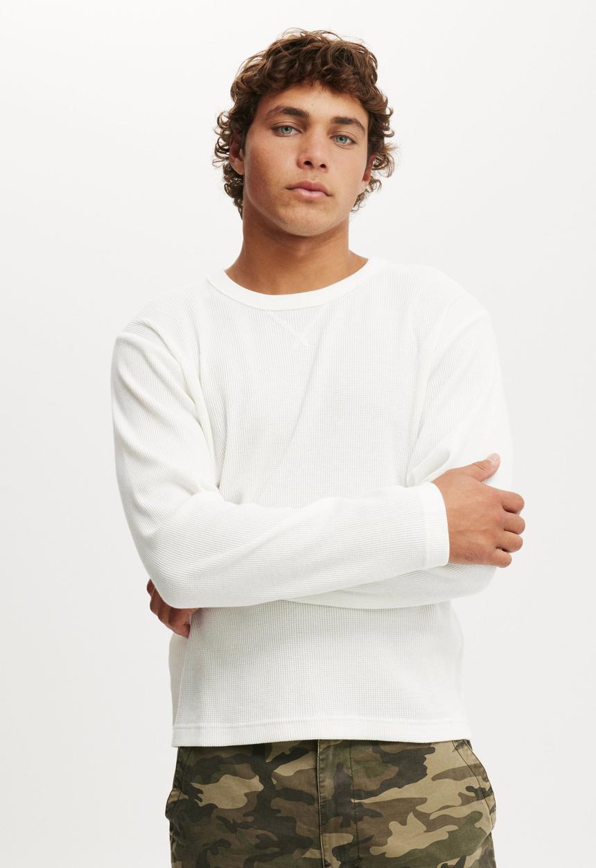 Cotton On - Cropped Fit Textured Long Sleeve - White Waffle 