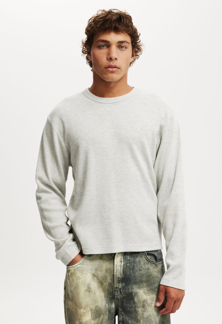 Cotton On - Cropped Fit Textured Long Sleeve - Grey Marle Waffle