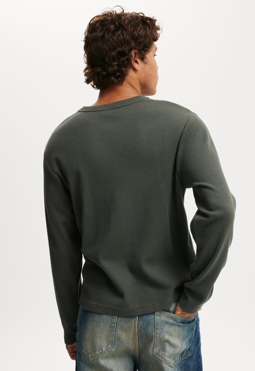 Cotton On - Cropped Fit Textured Long Sleeve - Army Waffle