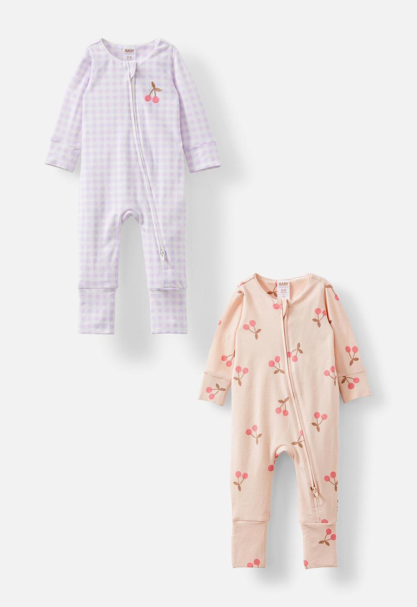 Cotton On - 2 pack long sleeve zip romper - vintage lilac gingham & pink pearl/cherries