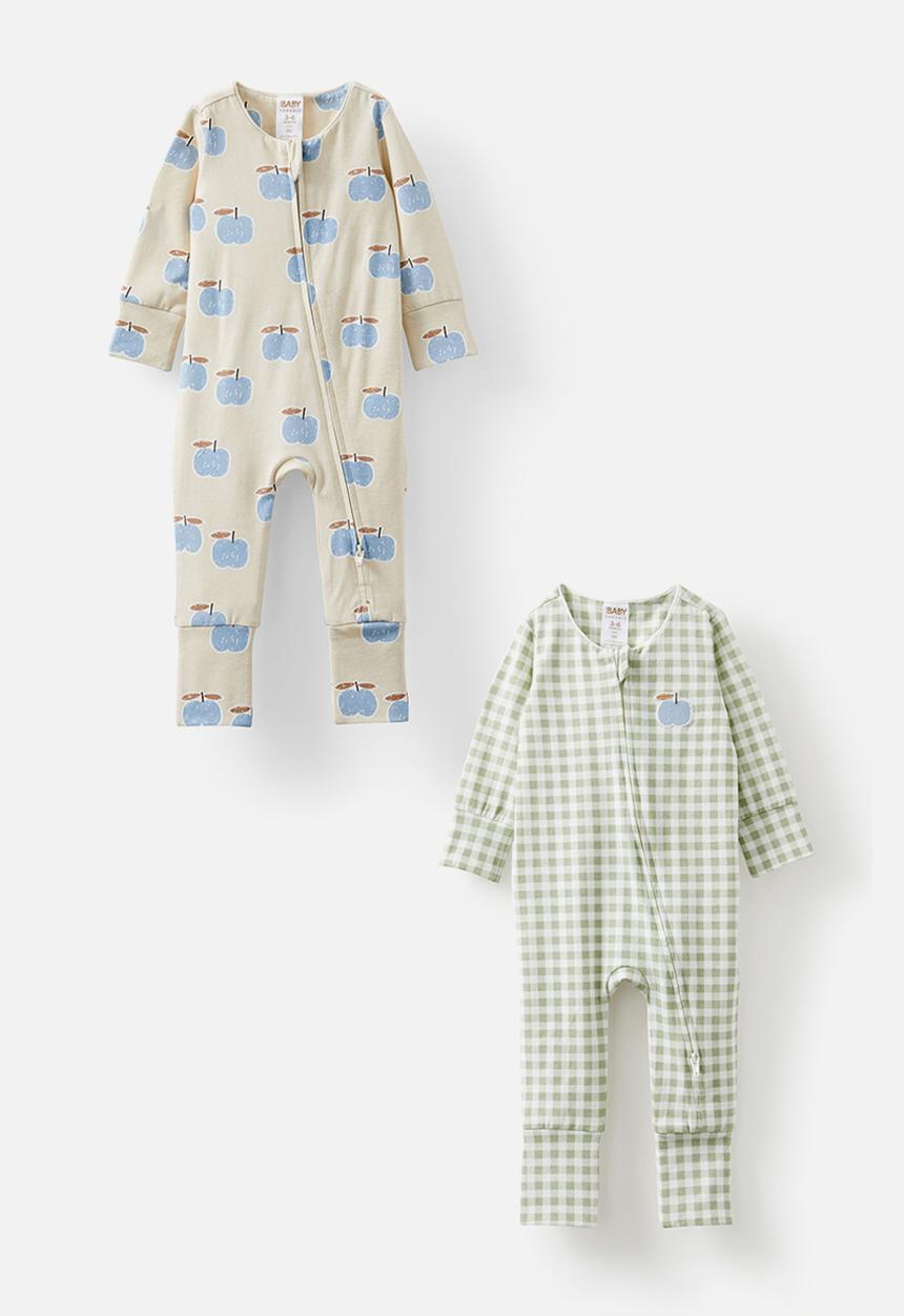 Cotton On - 2 pack long sleeve zip romper - rainy day/apple a day & deep sage/apple a day