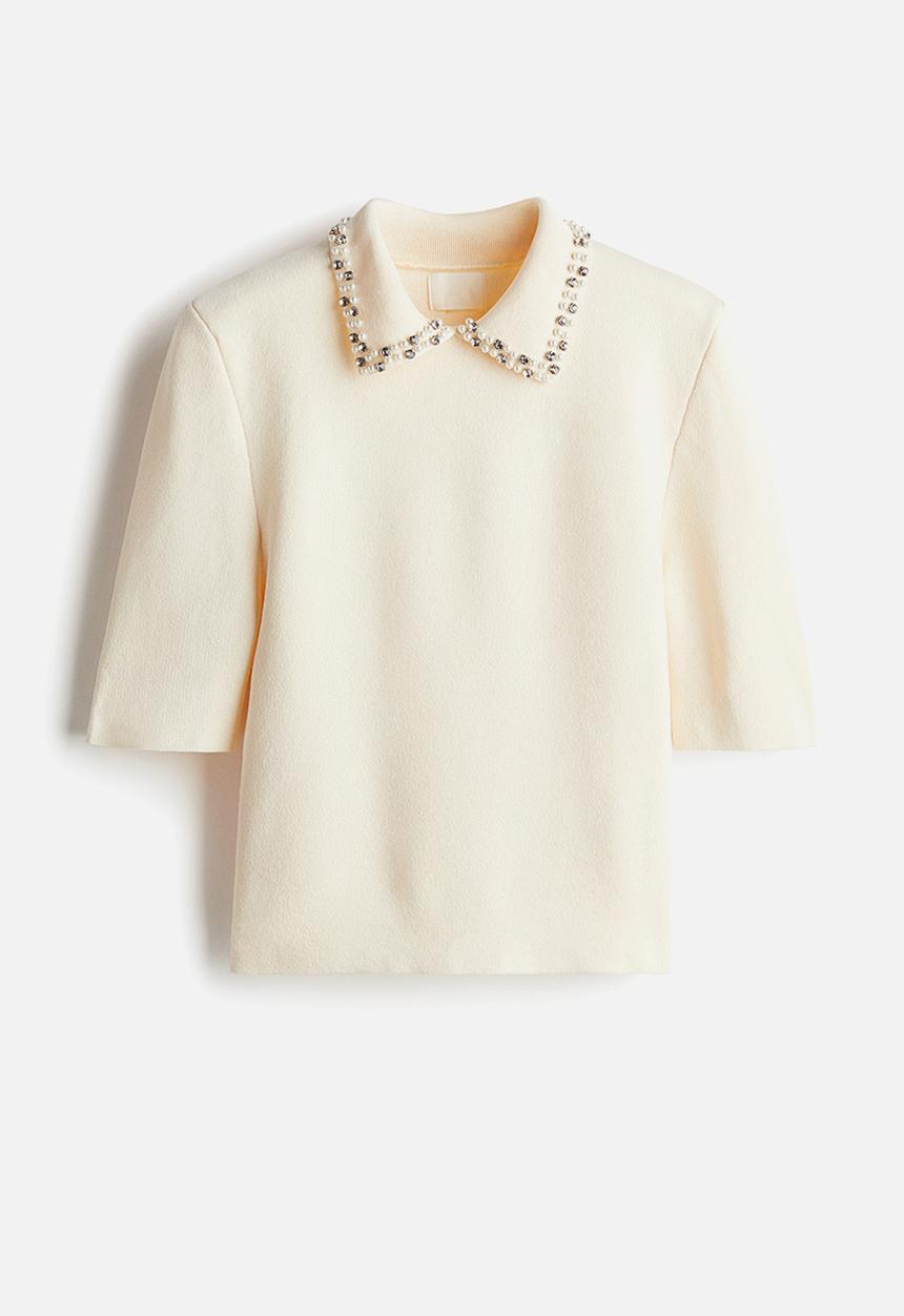 H&M - Embellished-collar knitted top - cream