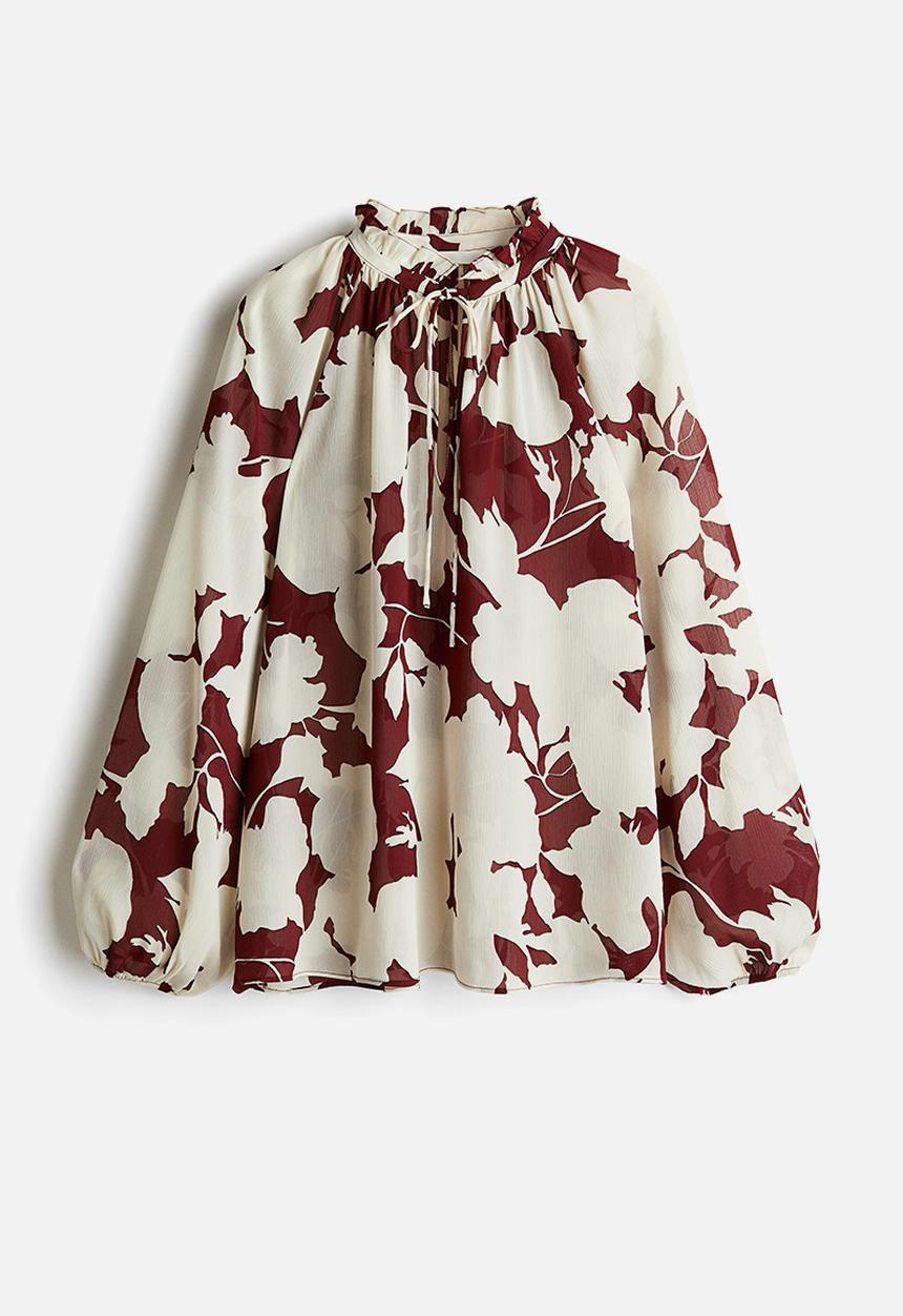 H&M - Crinkled chiffon blouse - dark red/cream floral