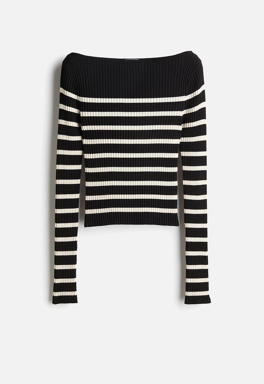 H&M - Rib-knit boat-neck top - black striped