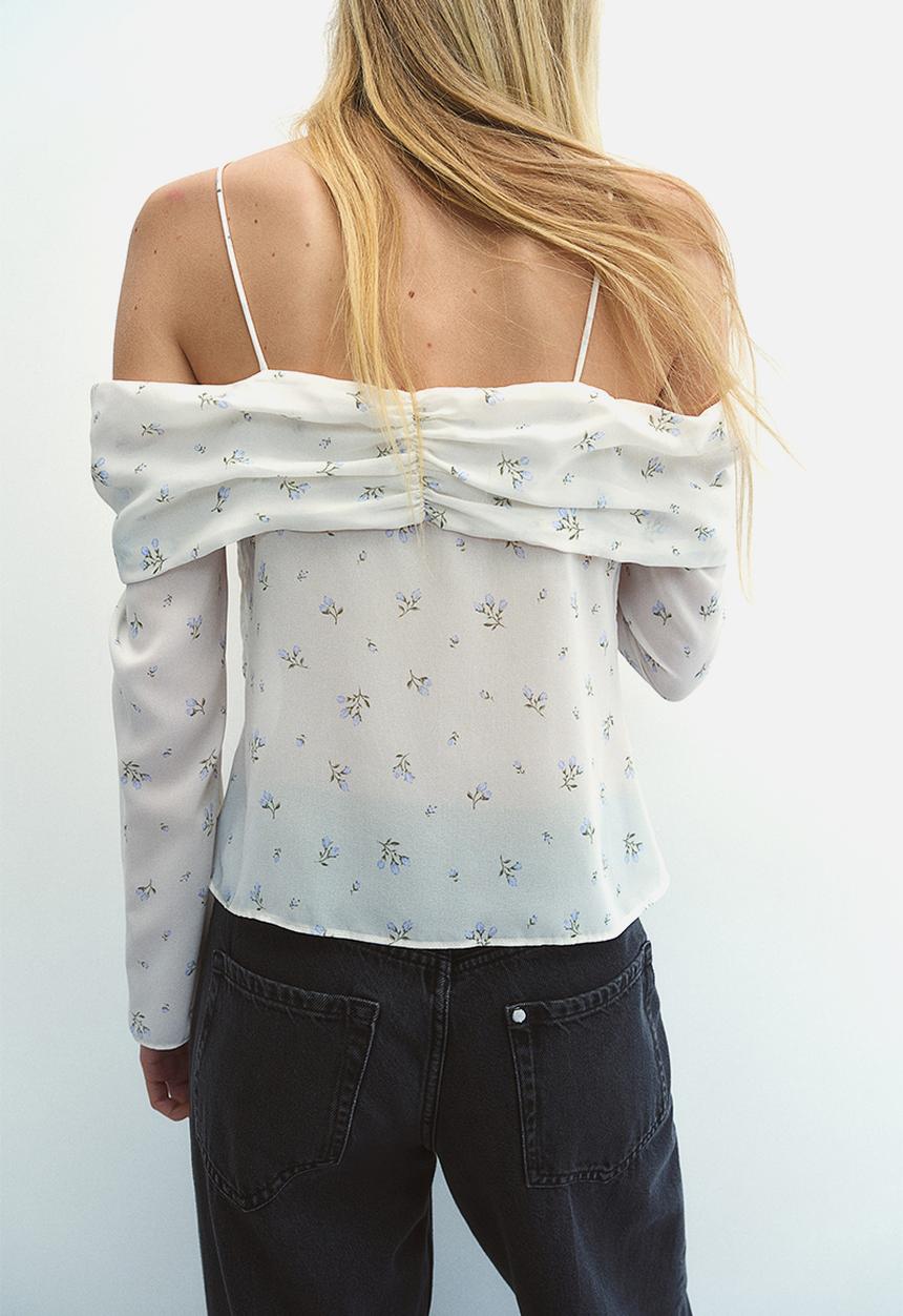H&M - Off-the-shoulder chiffon top - white,multi