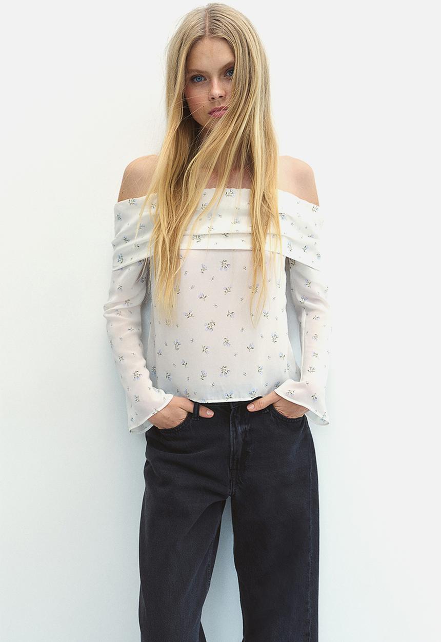 H&M - Off-the-shoulder chiffon top - white,multi