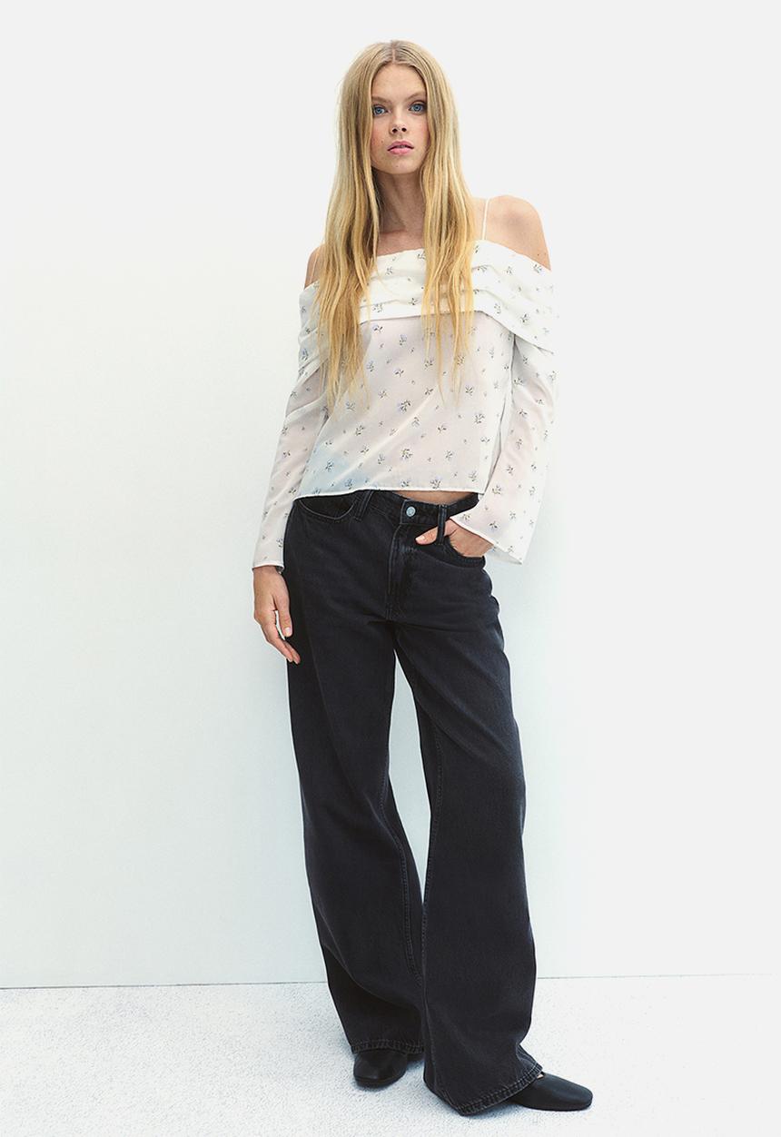 H&M - Off-the-shoulder chiffon top - white,multi