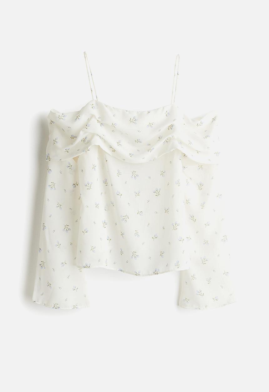 H&M - Off-the-shoulder chiffon top - white,multi