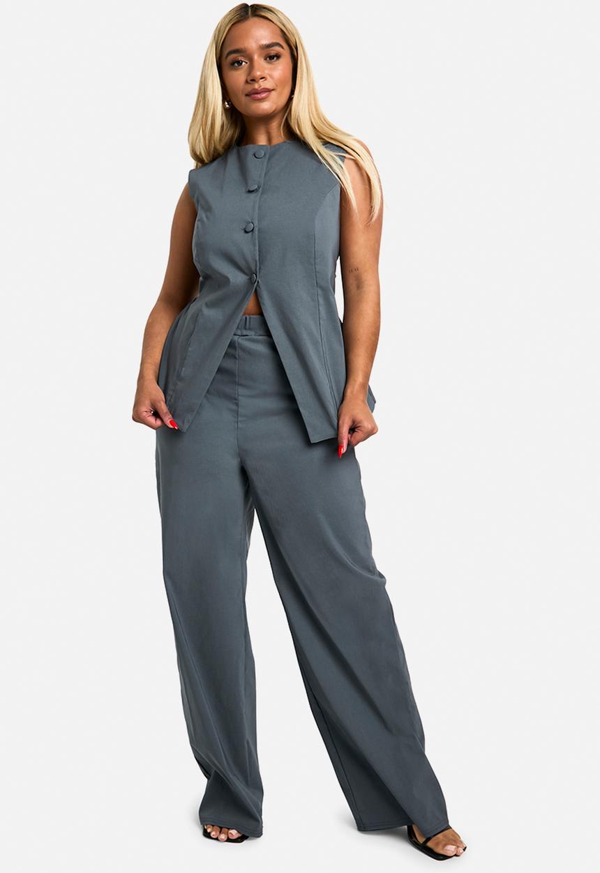 boohoo - Plus Super Stretch Longline Waistcoat & Straight Leg Trouse - slate grey