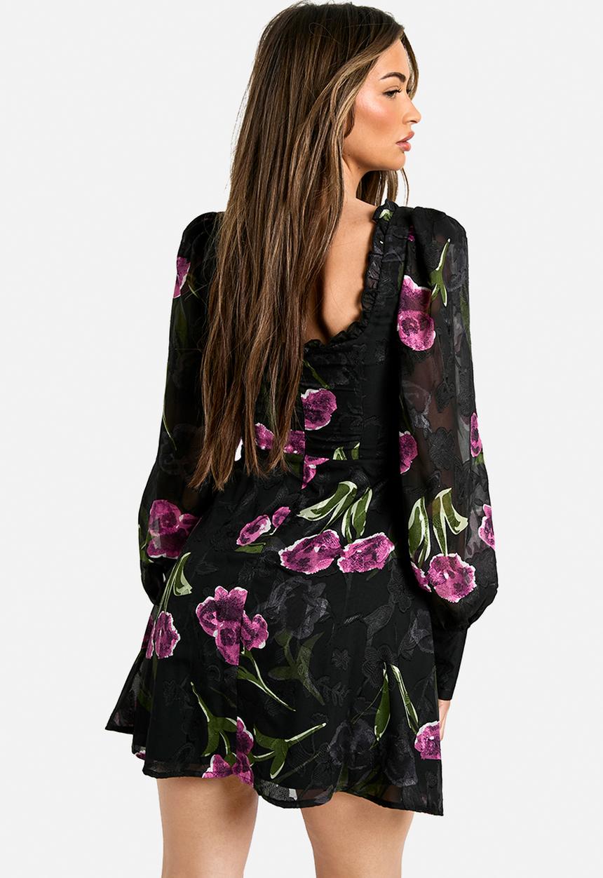 Floral Burnout Milkmaid Dress - Black