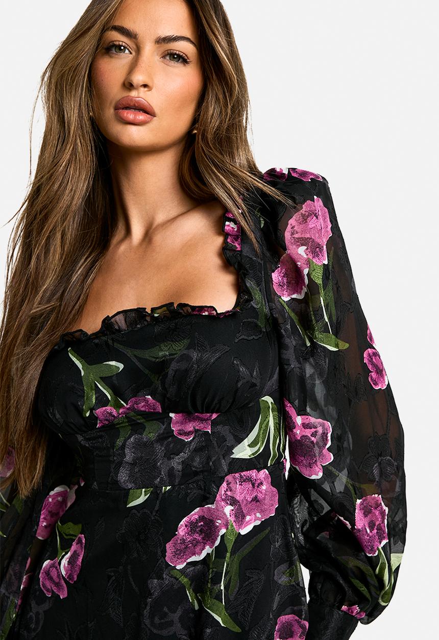 Floral Burnout Milkmaid Dress - Black