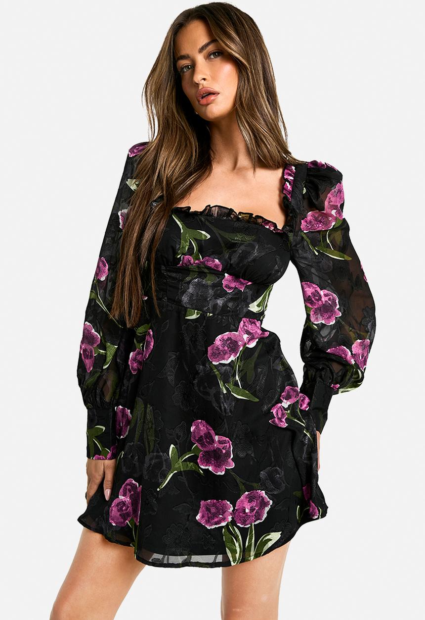 Floral Burnout Milkmaid Dress - Black