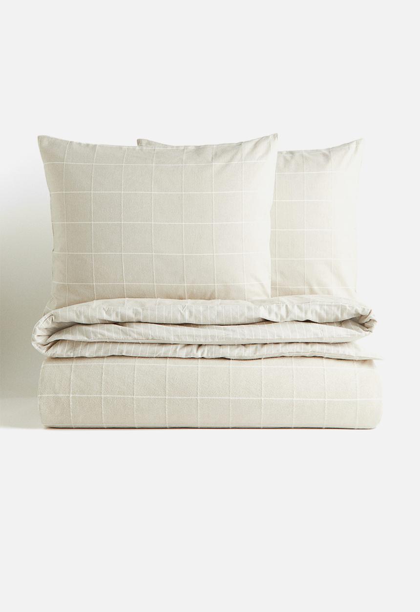 H&M - Flannel double/king duvet cover set - light beige/checked 