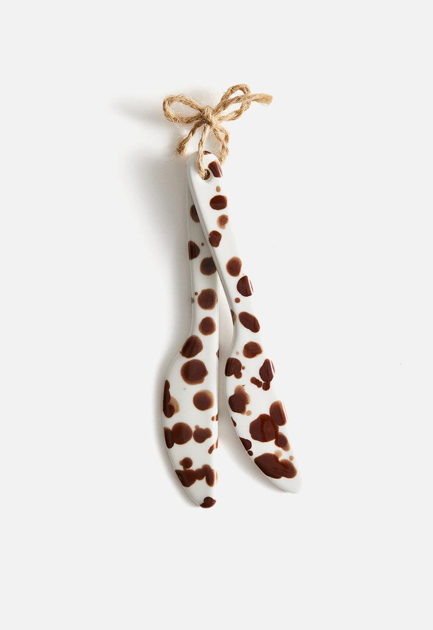 H&M - 2 pack patterned stoneware butter knives -brown/spotted