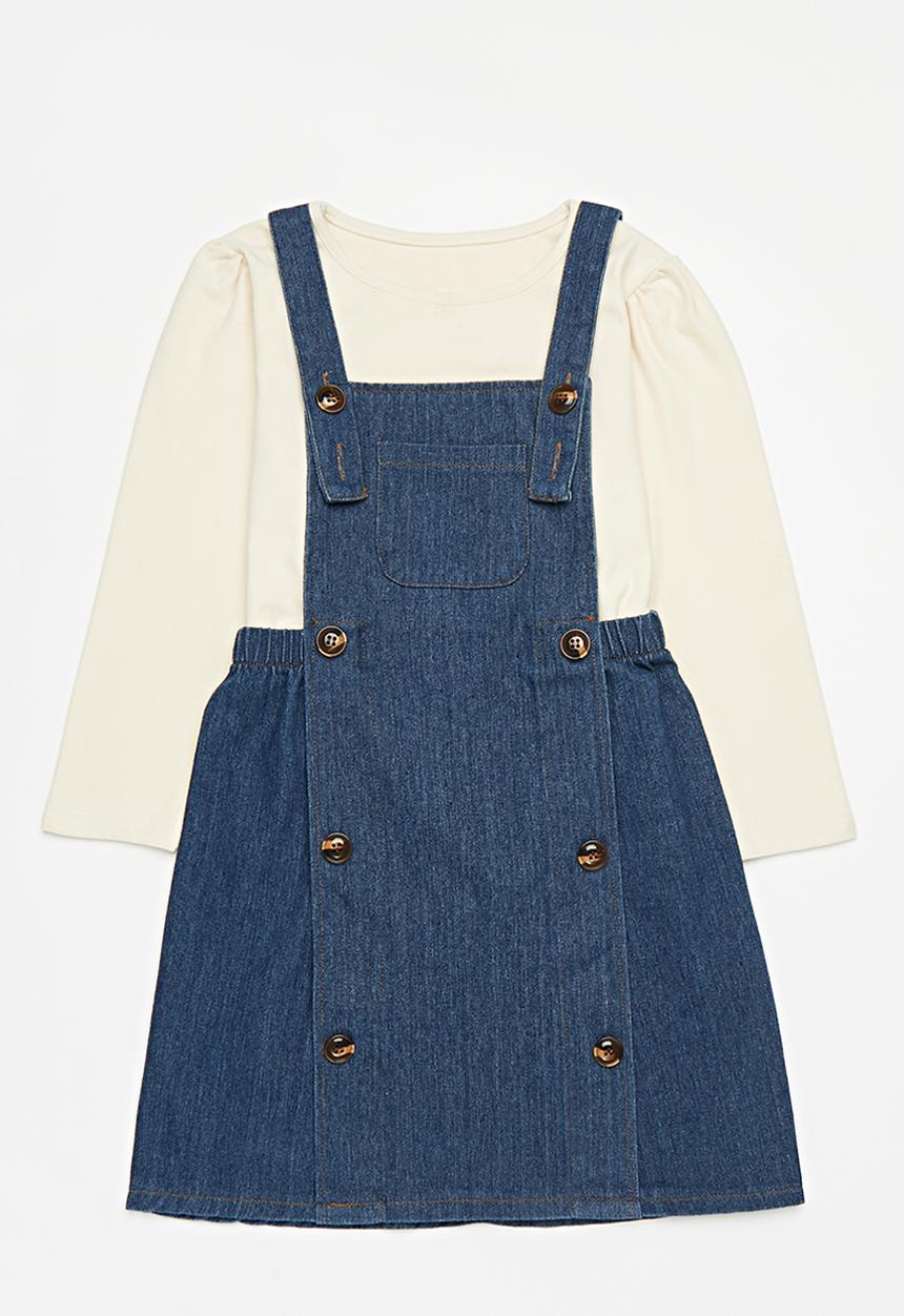 Pop Candy - Dungaree dress & tee set - blue & stone