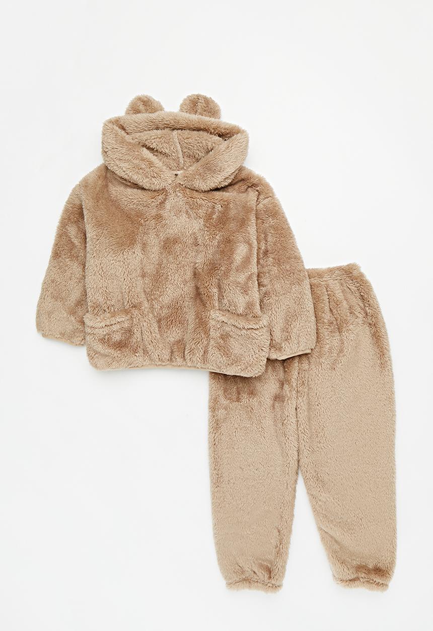 Pop Candy - Hooded teddy fleece top & bottom set-brown