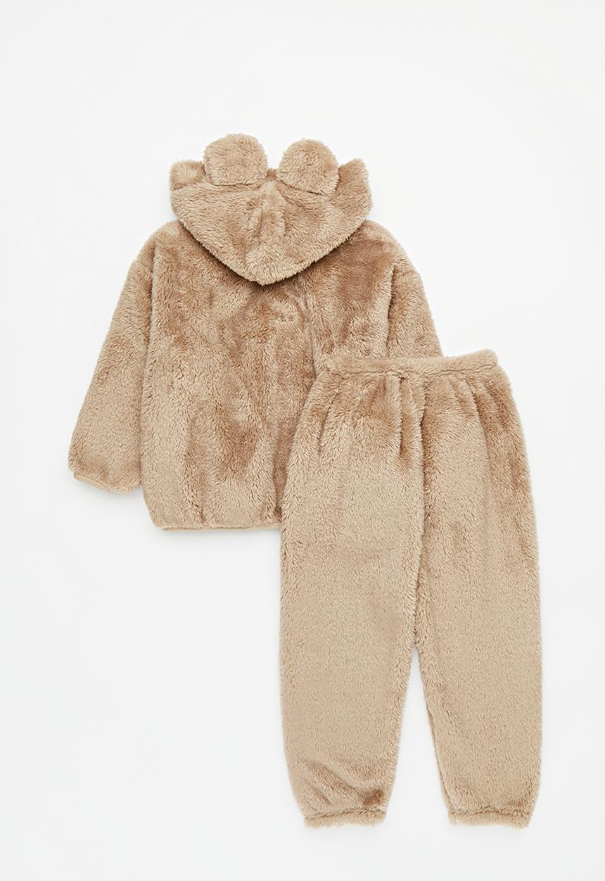 Pop Candy - Hooded teddy fleece top & bottom set-brown