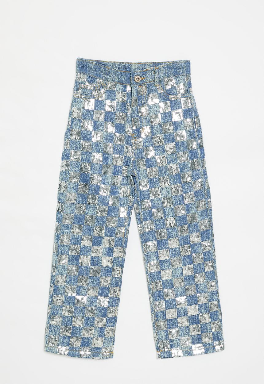 Pop Candy - Mettalic checker board jeans - blue & grey