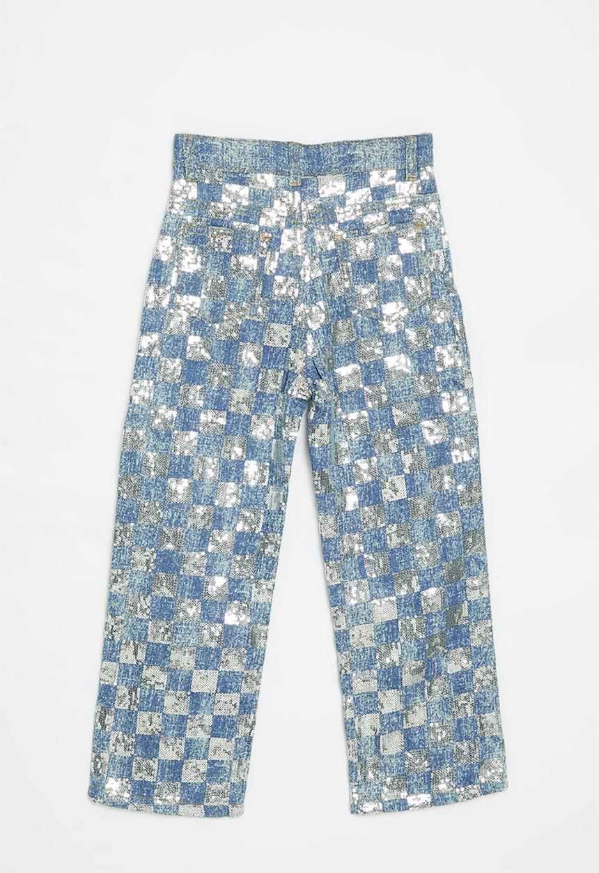Pop Candy - Mettalic checker board jeans - blue & grey