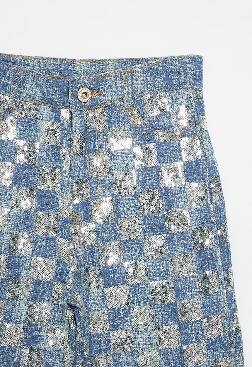 Pop Candy - Mettalic checker board jeans - blue & grey