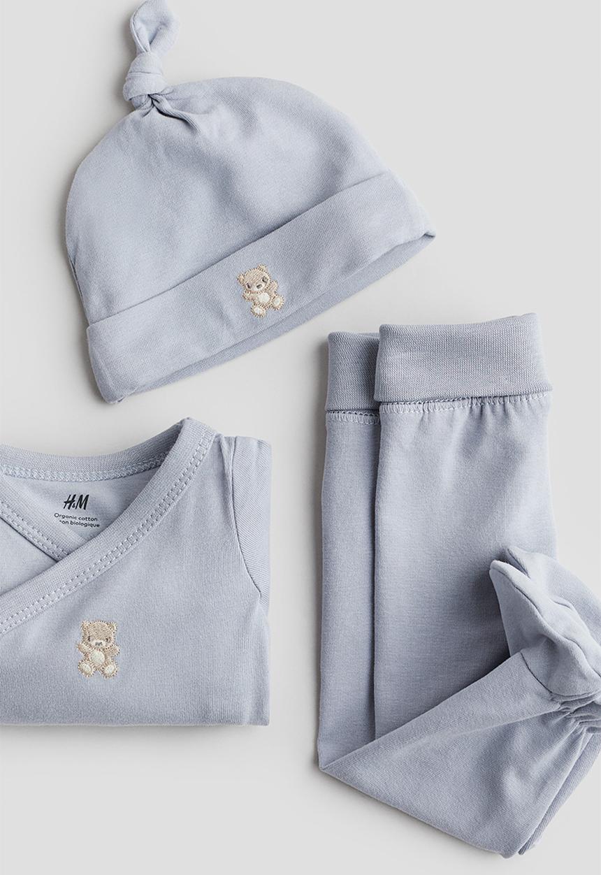 H&M - 3-Piece cotton jersey set - light dusty blue teddy bear