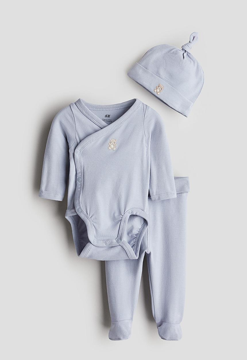 H&M - 3-Piece cotton jersey set - light dusty blue teddy bear