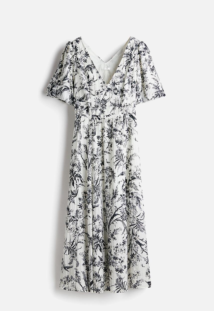 H&M - V-neck dress - white & grey patterned