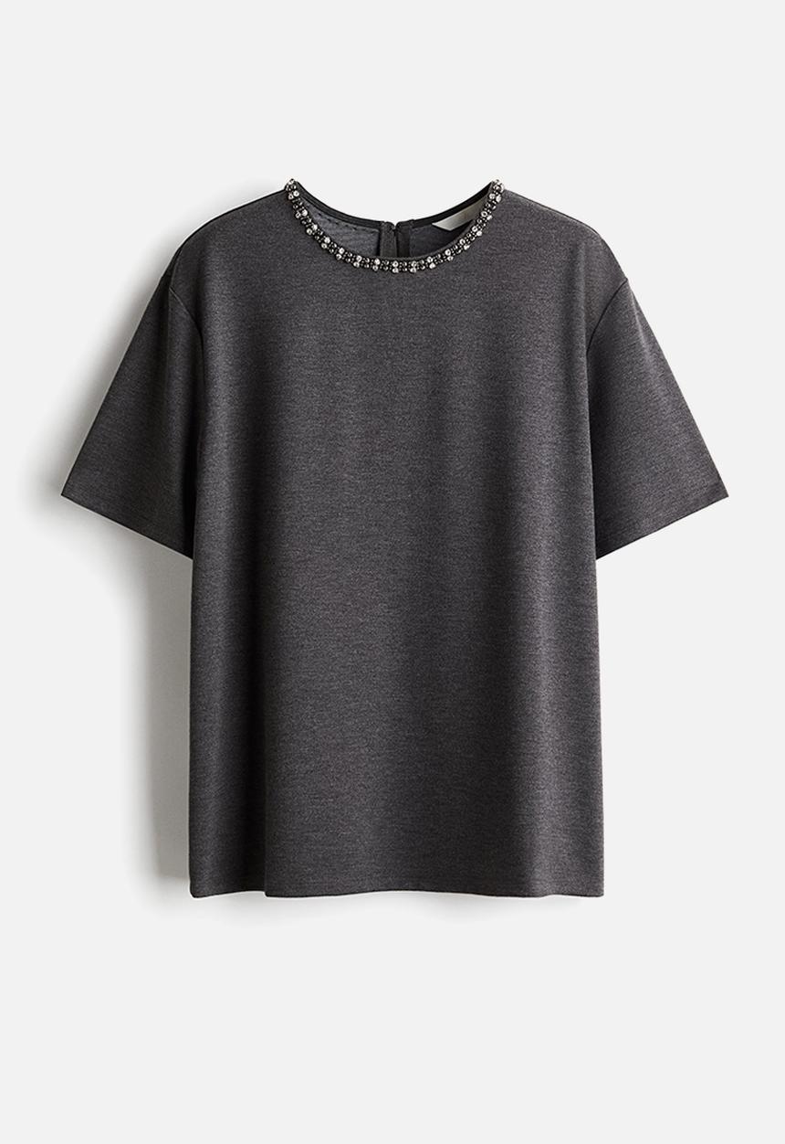 H&M - Embellished T-shirt - dark grey marl 