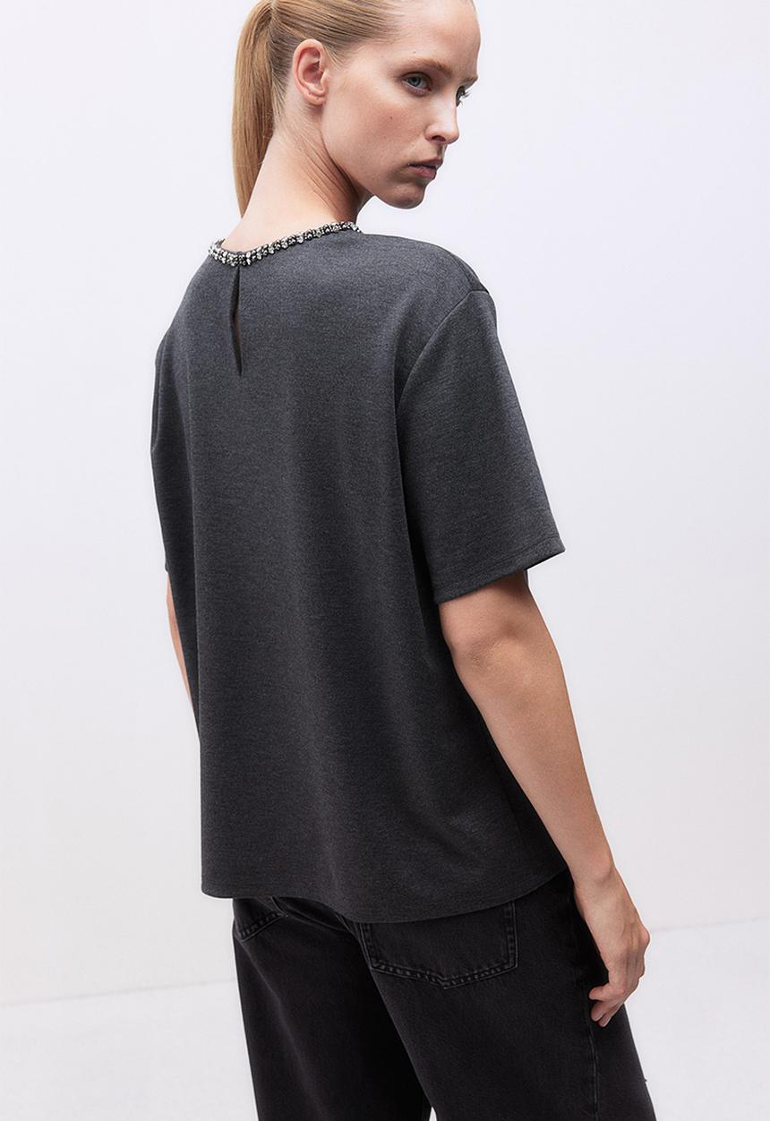 H&M - Embellished T-shirt - dark grey marl 