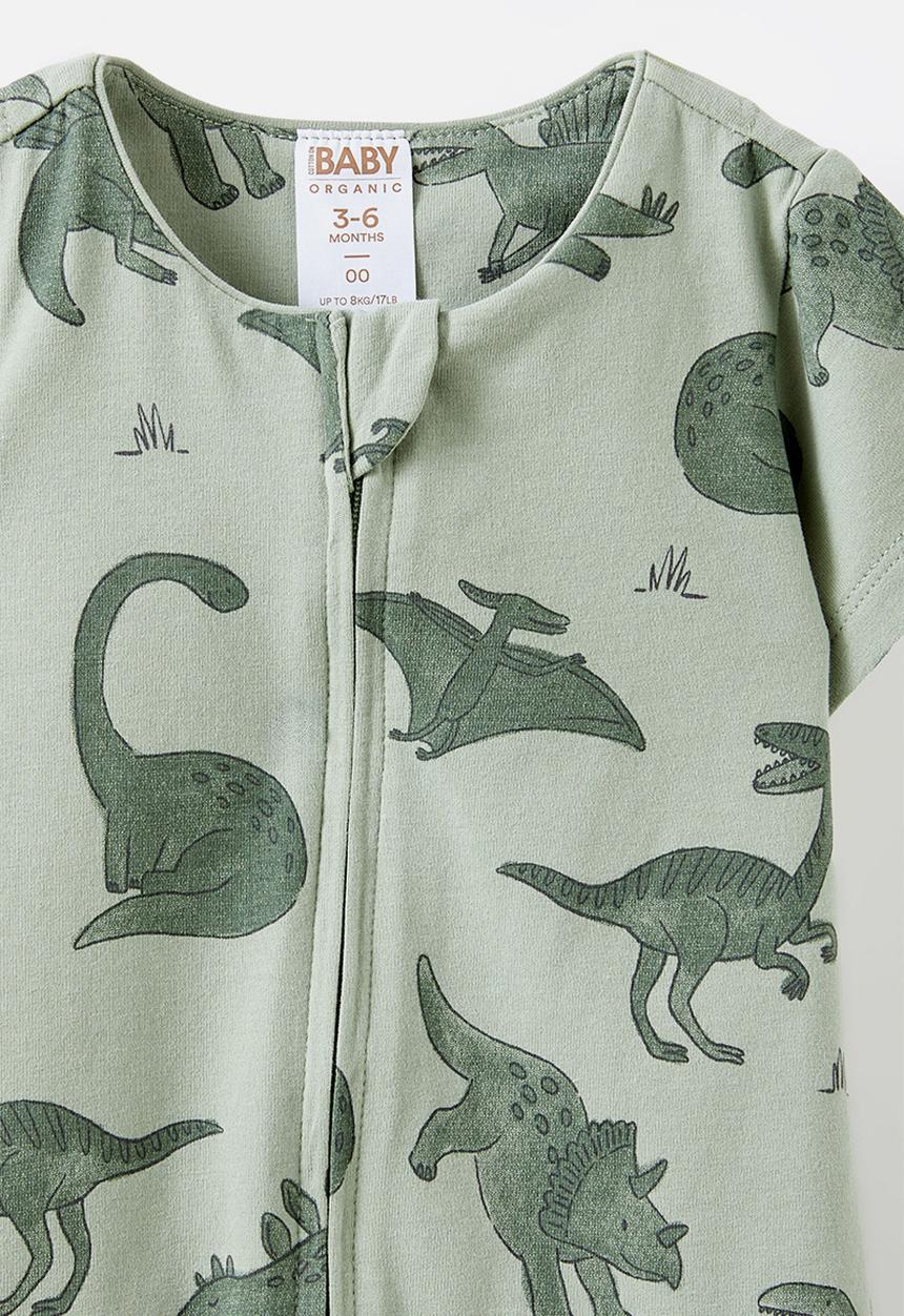 Cotton On - The short sleeve zip romper - deep sage/dino stomp