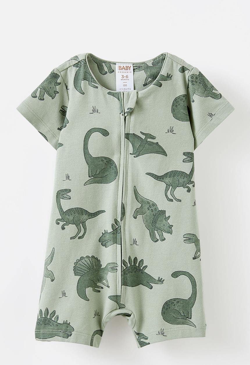 Cotton On - The short sleeve zip romper - deep sage/dino stomp