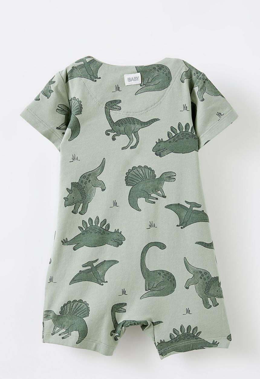 Cotton On - The short sleeve zip romper - deep sage/dino stomp