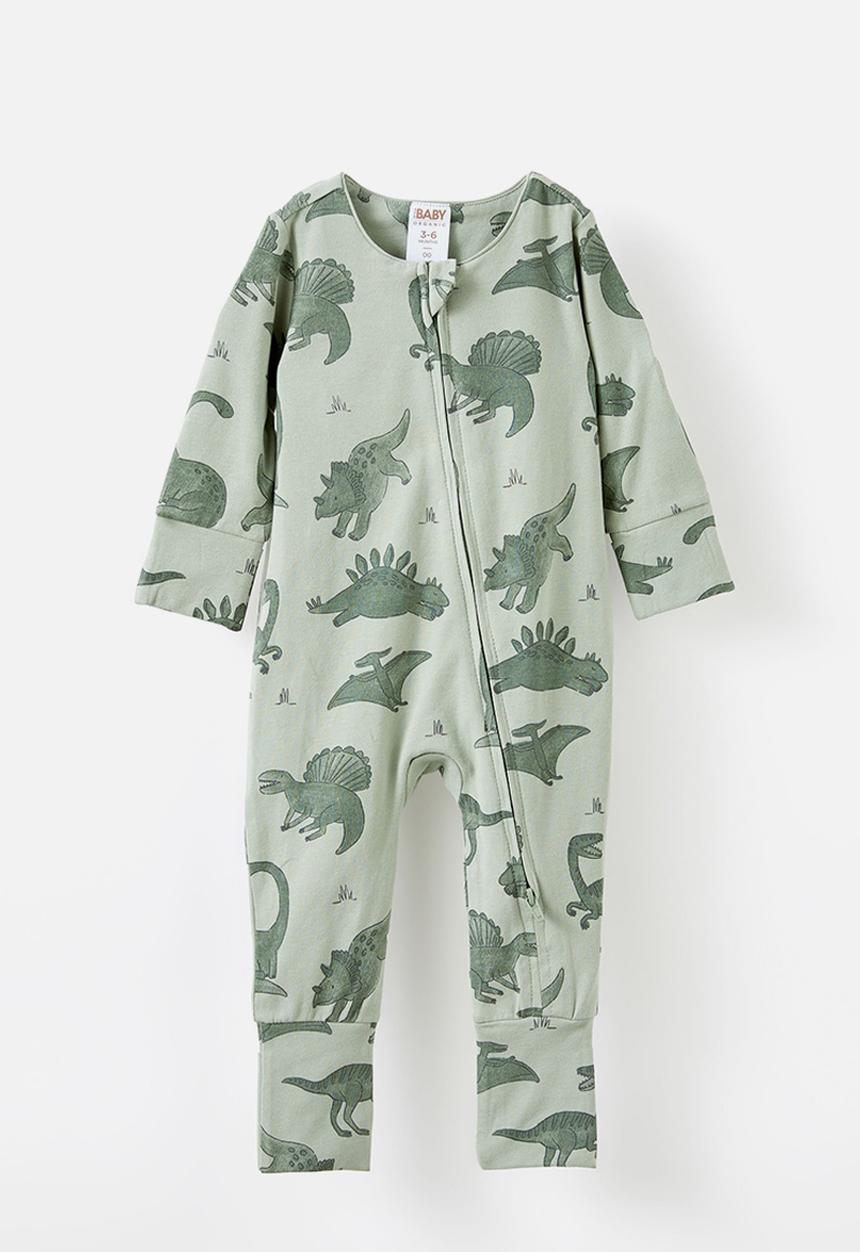 Cotton On - The long sleeve zip romper - deep sage/dino stomp