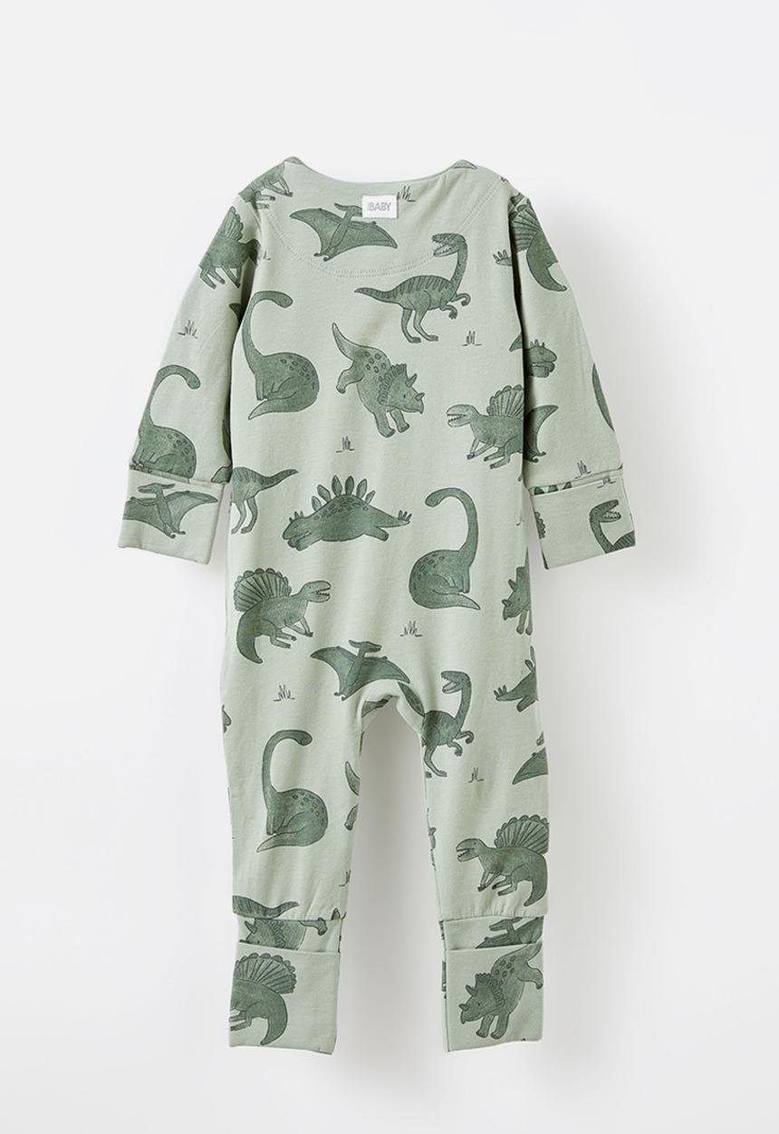 Cotton On - The long sleeve zip romper - deep sage/dino stomp