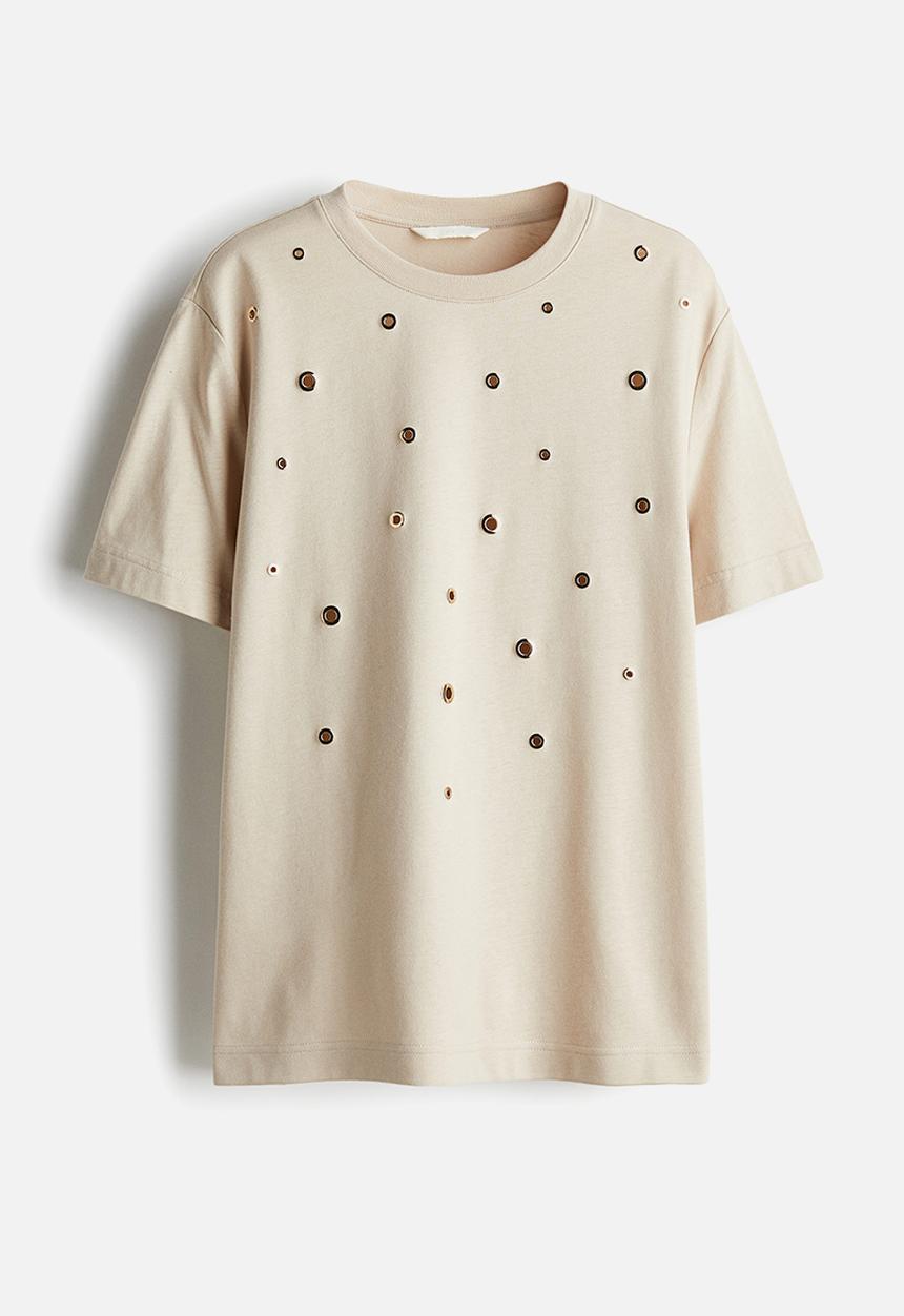 H&M - T-shirt - light beige eyelets