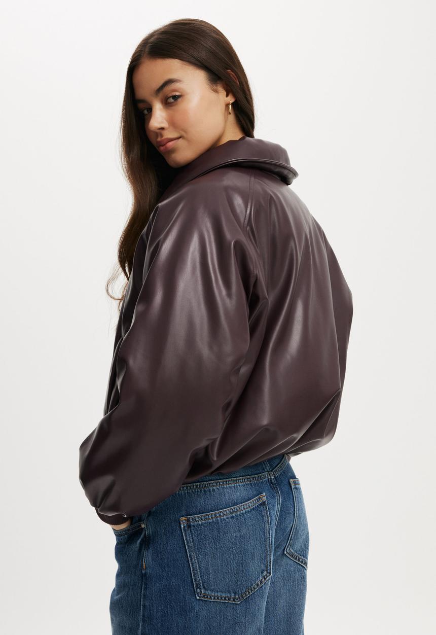 Cotton On - Faux leather puff jacket - dark berry