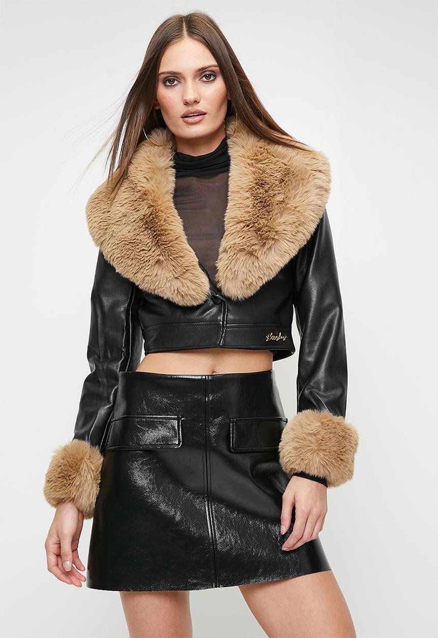 Vikki: Faux Leather With Faux Fur Collar Jacket. - Black / Brown