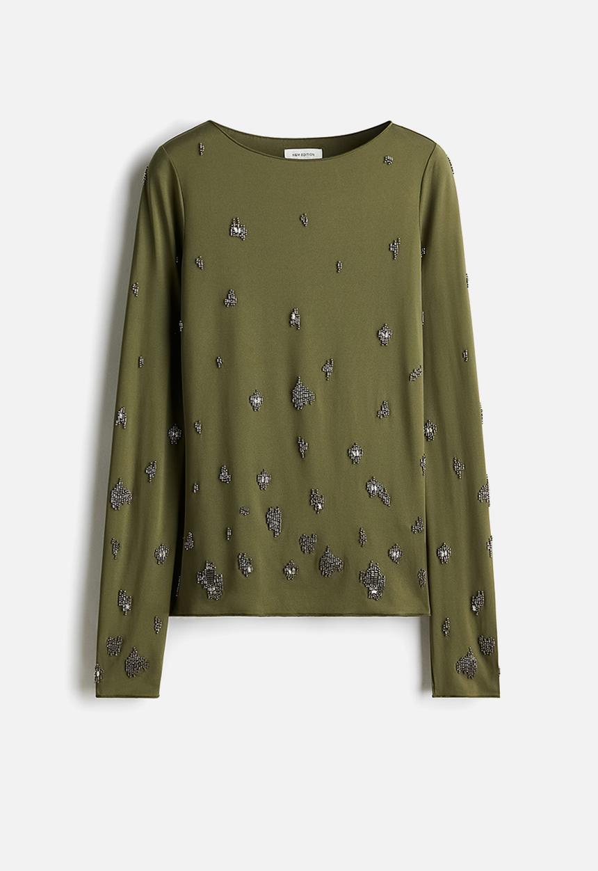 H&M - Bead-embellished top - dark green